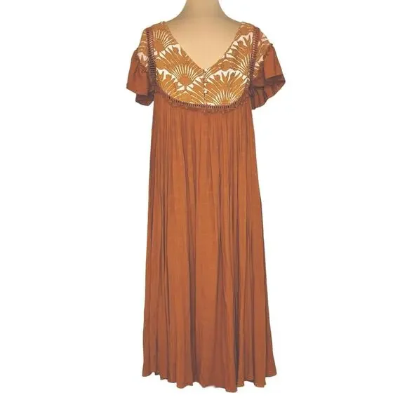 FREE PEOPLE Vintage Charm Relaxed Fit Flowy Embroidered Ruffled Midi Dress Sz XS - Picture 9 of 15